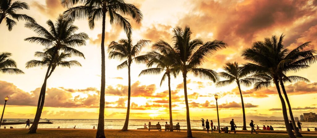 Tropical beaches of Honolulu, Hawaii, providing a warm winter retreat from cold climates.