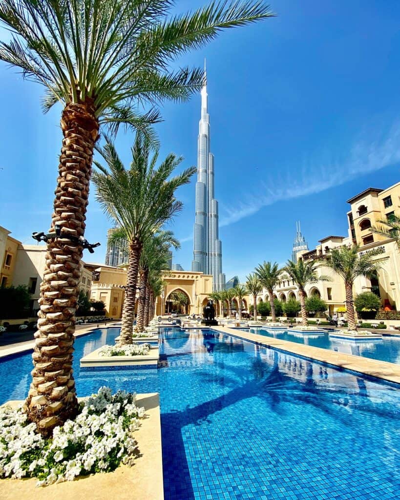 View of Burj Khalifa and Dubai skyline in cooler November weather, ideal for exploring city attractions.