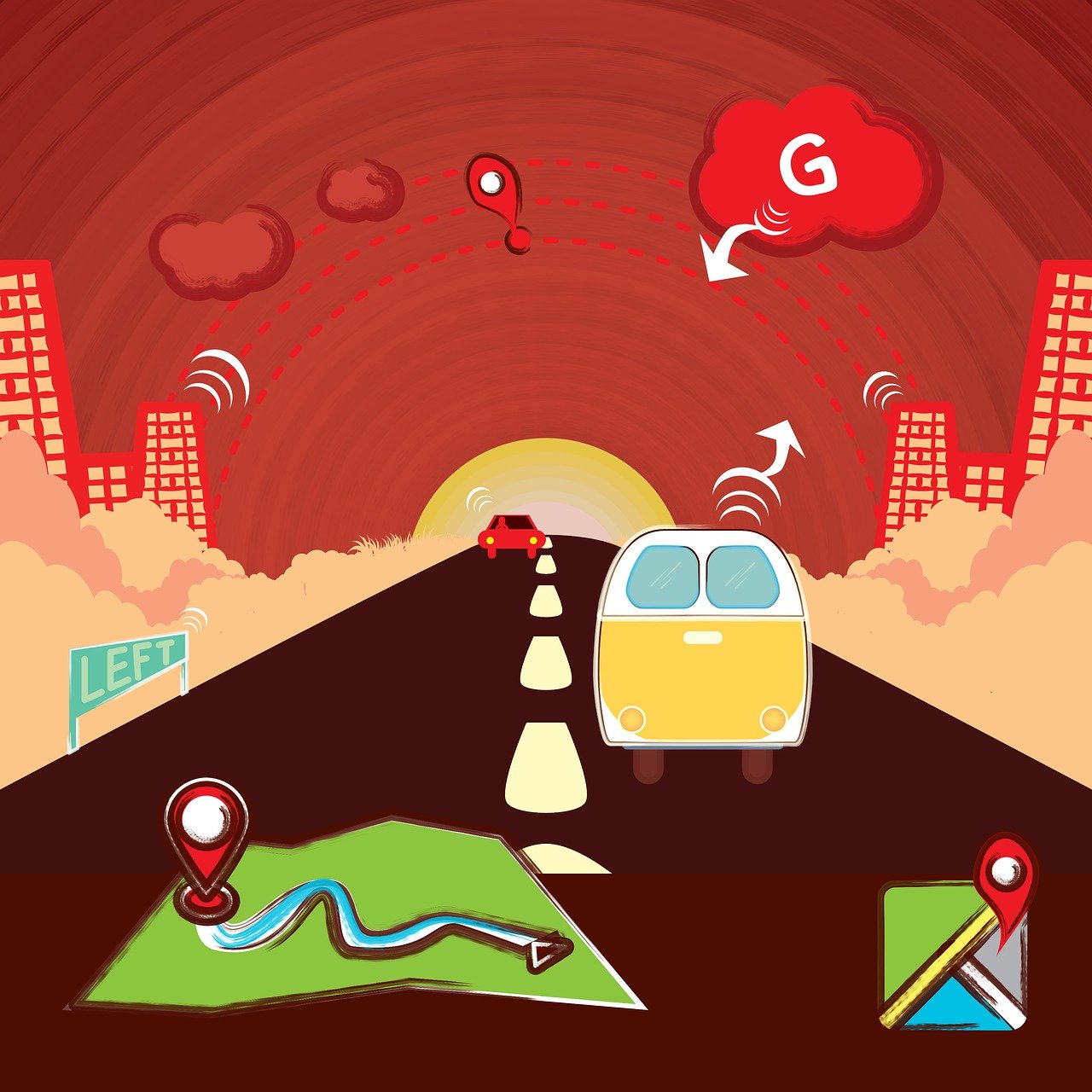 Illustration of a road trip with offline travel directions, featuring GPS navigation icons and vehicles