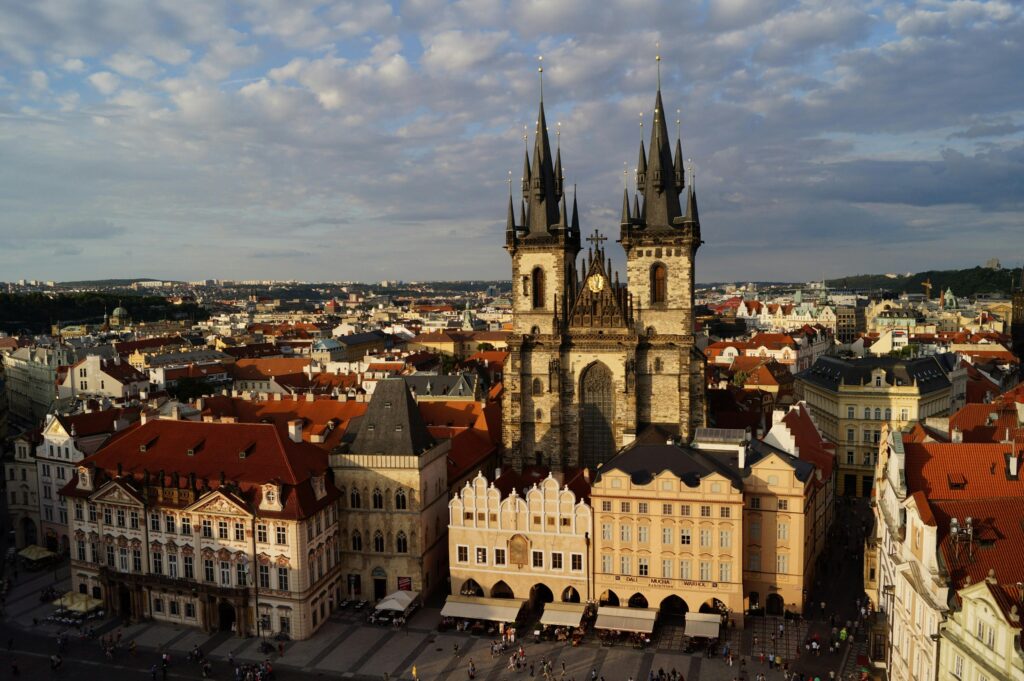 Prague Old Town Square with its historic buildings and cobblestone streets.