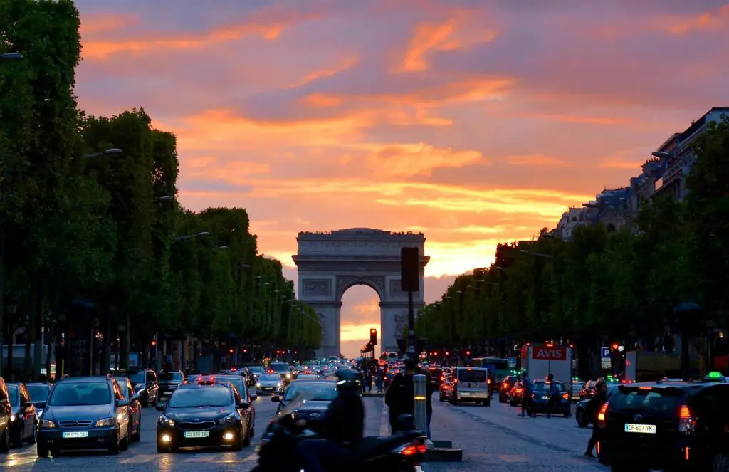 View of the Eiffel Tower in Paris, France at sunset.