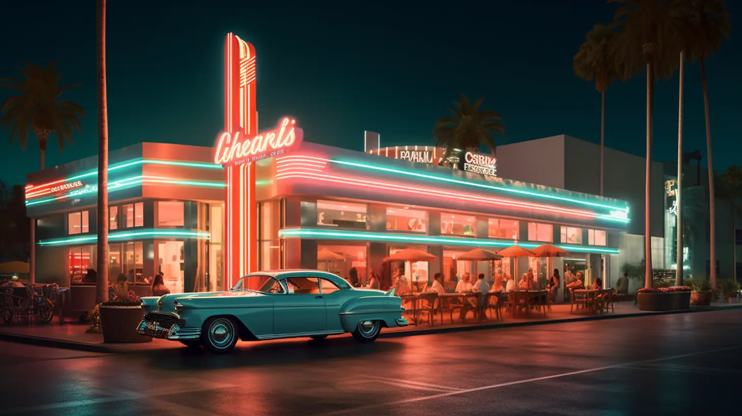 A vibrant 1950s-style Hollywood fast food diner with neon lights and palm trees at dusk.