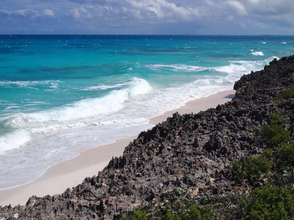 Rocky coastline in the Bahamas with waves crashing onto rugged, dark coral rock formations, framed by the deep blue ocean and a partly cloudy sky.