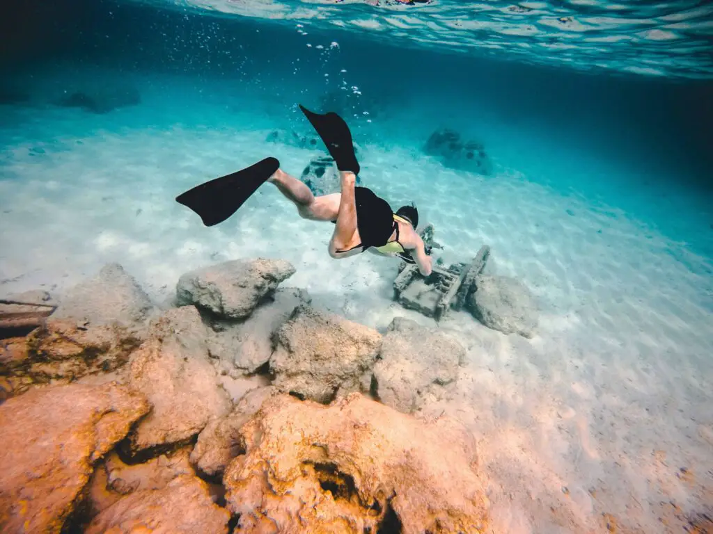 An underwater scene of a snorkeler with fins swimming over a coral reef, surrounded by clear blue water and marine life.