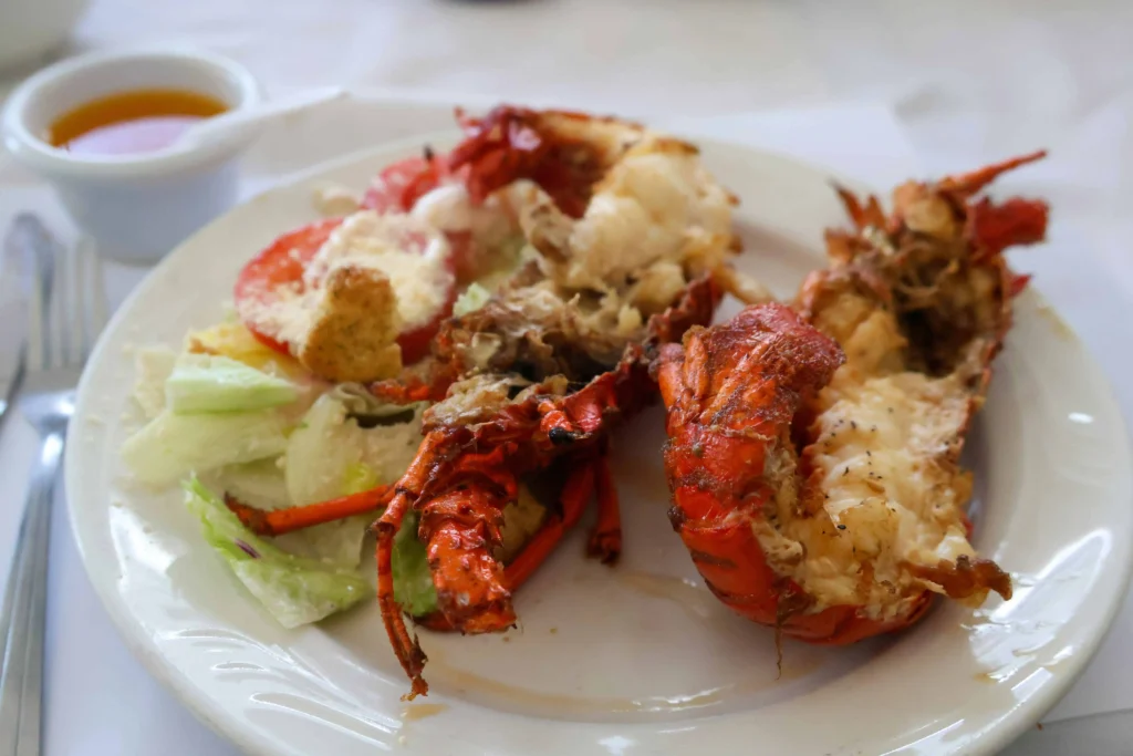 A delectable plate of grilled lobster served with a fresh salad, accompanied by a small cup of melted butter, on a white table setting.