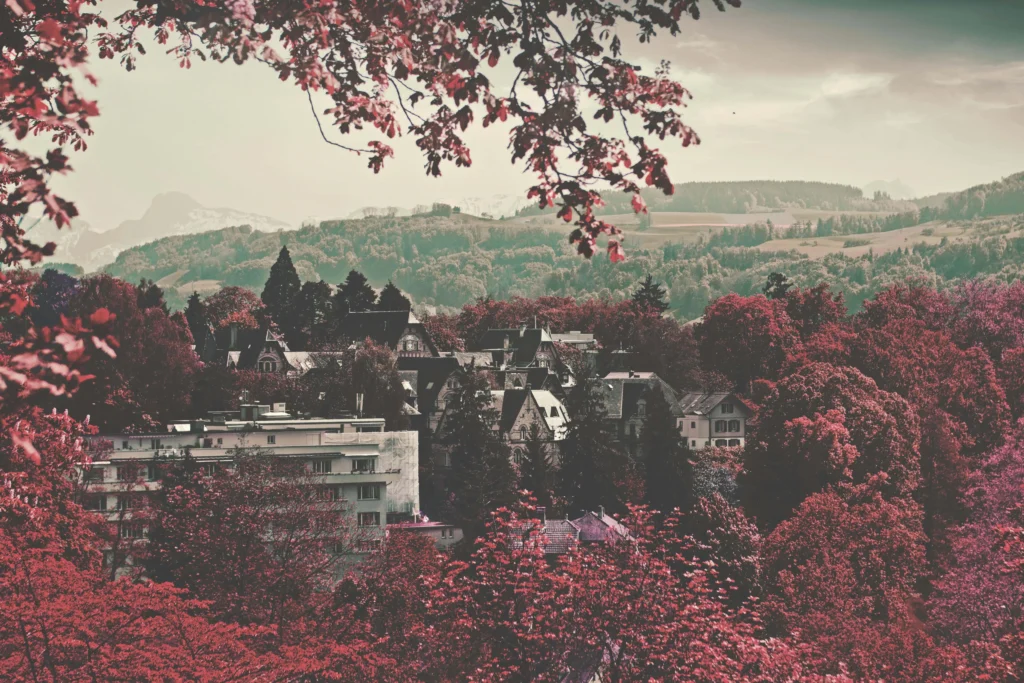 A picturesque Swiss village surrounded by vibrant autumn foliage in hues of red and orange, with the Alps faintly visible in the background. Framed by overhanging branches, the scene captures the charm of rural Switzerland during the fall season.