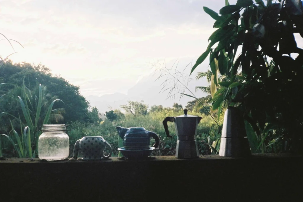 A serene view of a rustic tea set with a kettle and cups, placed against a backdrop of lush greenery and distant mountains under soft sunlight.