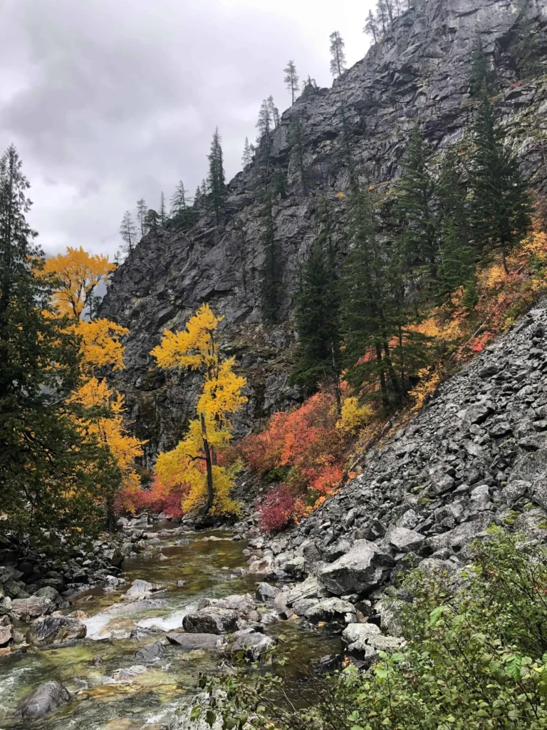 A serene autumn landscape in Leavenworth, Washington, with a rocky creek surrounded by vibrant yellow, orange, and red foliage against a backdrop of rugged cliffs and evergreen trees