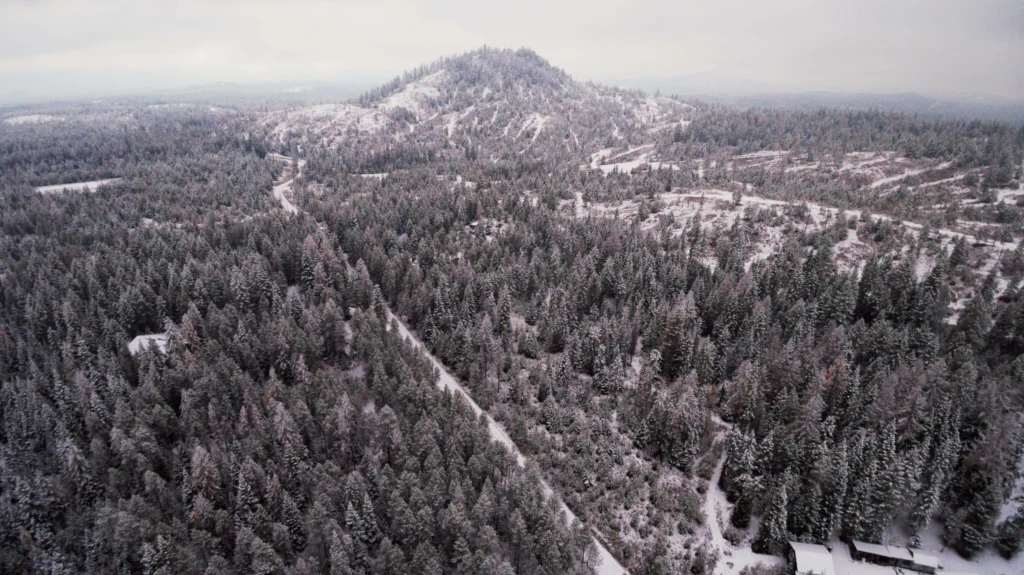 Aerial view of a snow-covered forest in Leavenworth, Washington, with winding roads and a scenic hill in the background.