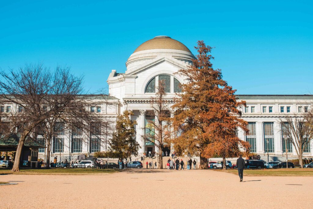 Front view of the Smithsonian National Museum of Natural History in Washington, D.C., with its grand dome and visitors walking along the pathways on a bright, sunny day.