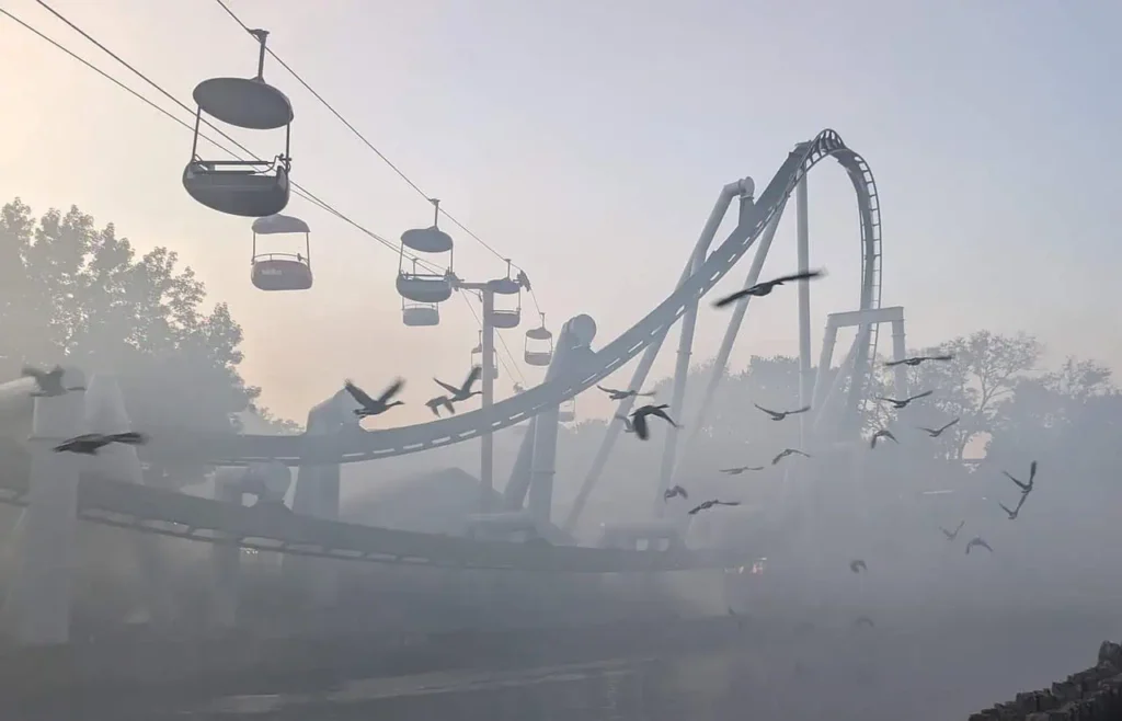 A misty morning view of a roller coaster and cable cars surrounded by flying birds, creating an ethereal atmosphere.