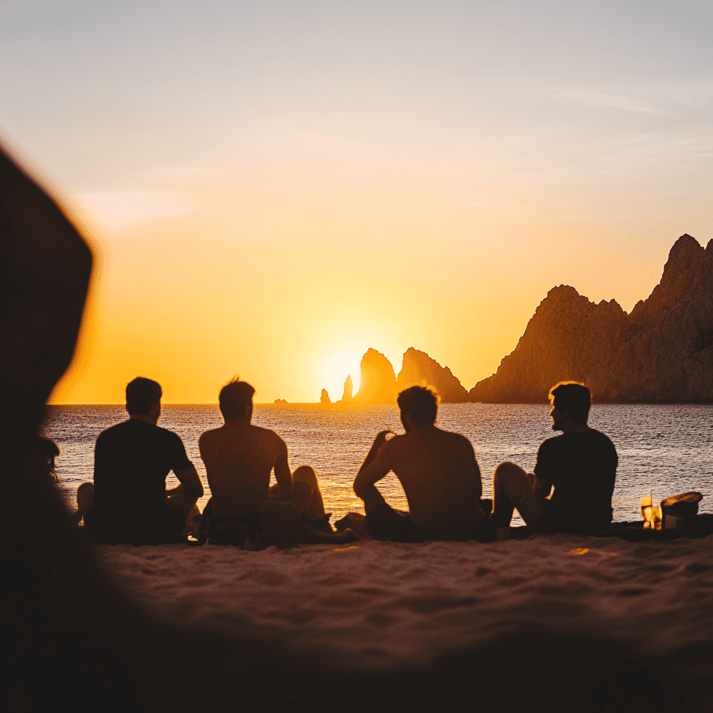 Group of friends celebrating a bachelor party at a beach club in Ibiza, with a sunset in the background.