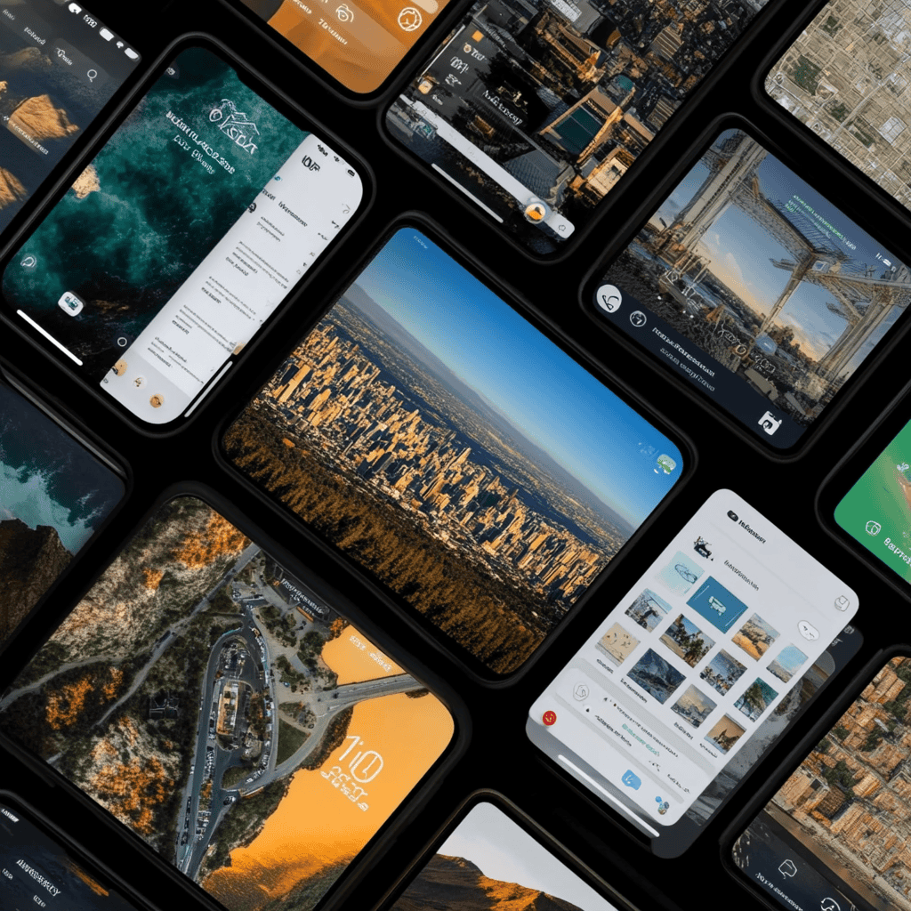 A collage featuring various travel apps for trip planning displayed on smartphones and tablets, showcasing interfaces for maps, itineraries, cityscapes, and travel routes, representing modern digital tools for organizing and enhancing travel experiences.