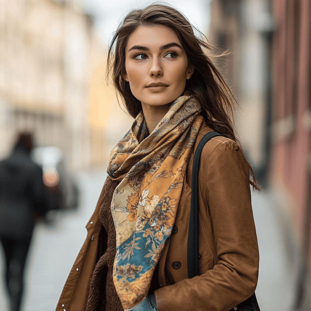 Fashionable lightweight scarf with hidden pockets, worn by a woman exploring a city
