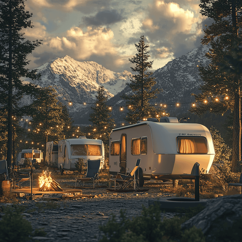 Lineup of travel trailers parked at a scenic campground with a mountain backdrop at sunset, showcasing diverse designs and cozy camping setup