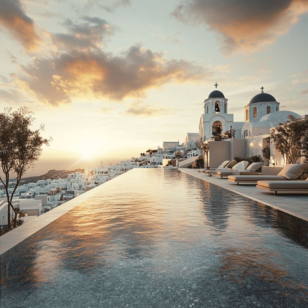 Infinity pool overlooking the Santorini caldera with iconic whitewashed buildings and blue-domed churches, perfect for a honeymoon.