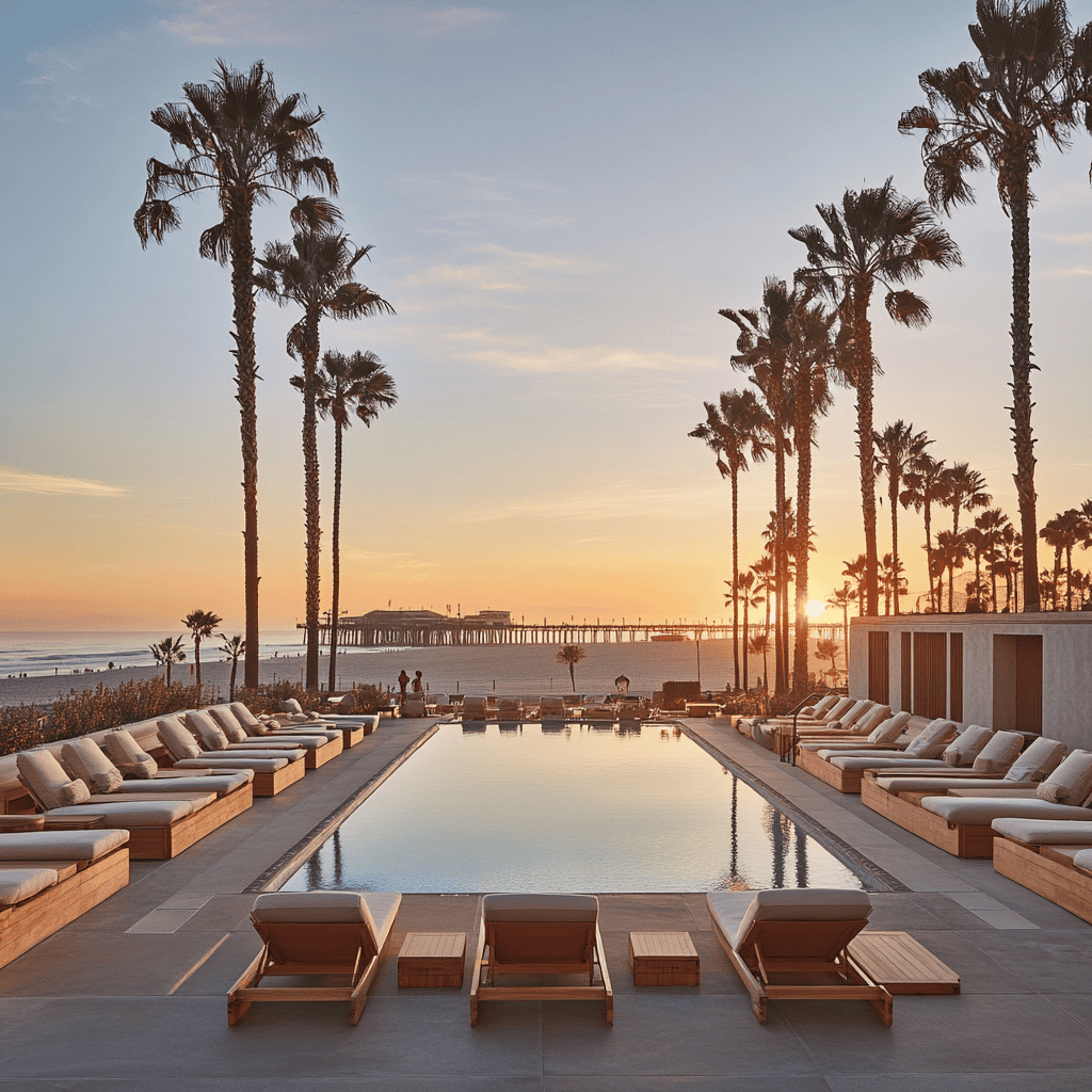 Luxurious beachfront hotel in Santa Monica with pool area overlooking the Pacific Ocean at sunset, featuring elegant architecture, palm trees, and a view of the Santa Monica Pier in the background.