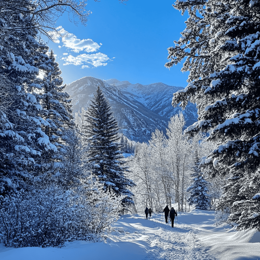 Scenic view of Aspen Park, Colorado in 2025, with snow-covered mountains, pine trees, and hikers enjoying the snowy trails under a clear blue sky.