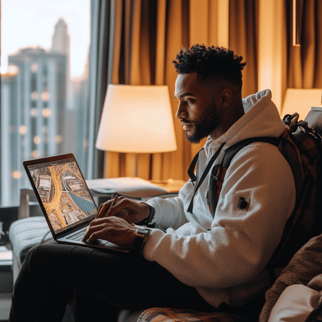 A travel agent in 2025 working on a laptop, planning trips for clients.