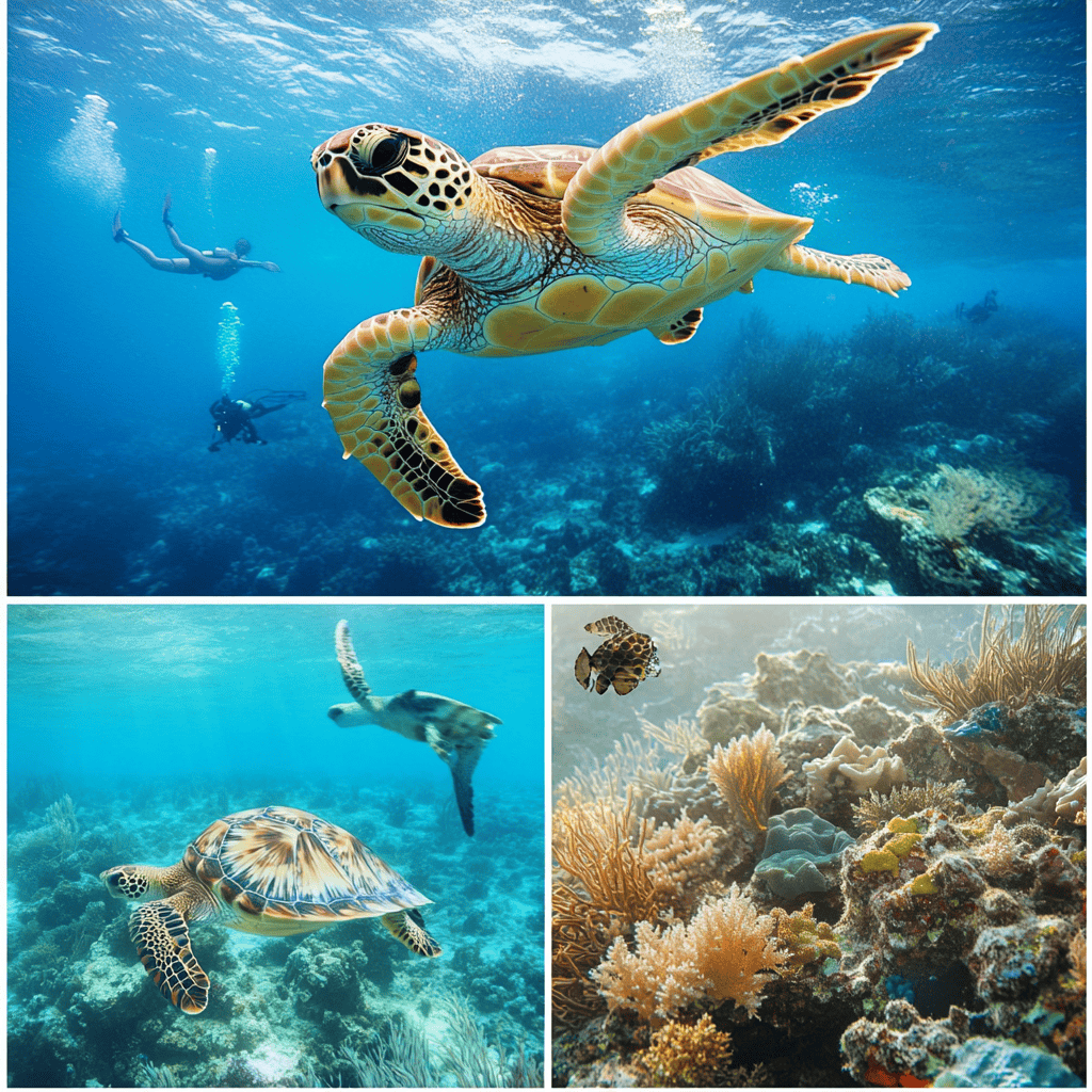A vibrant collage of the best Sea Turtles Zanzibar experiences in 2025, featuring snorkeling, diving, conservation activities, and scenic marine views