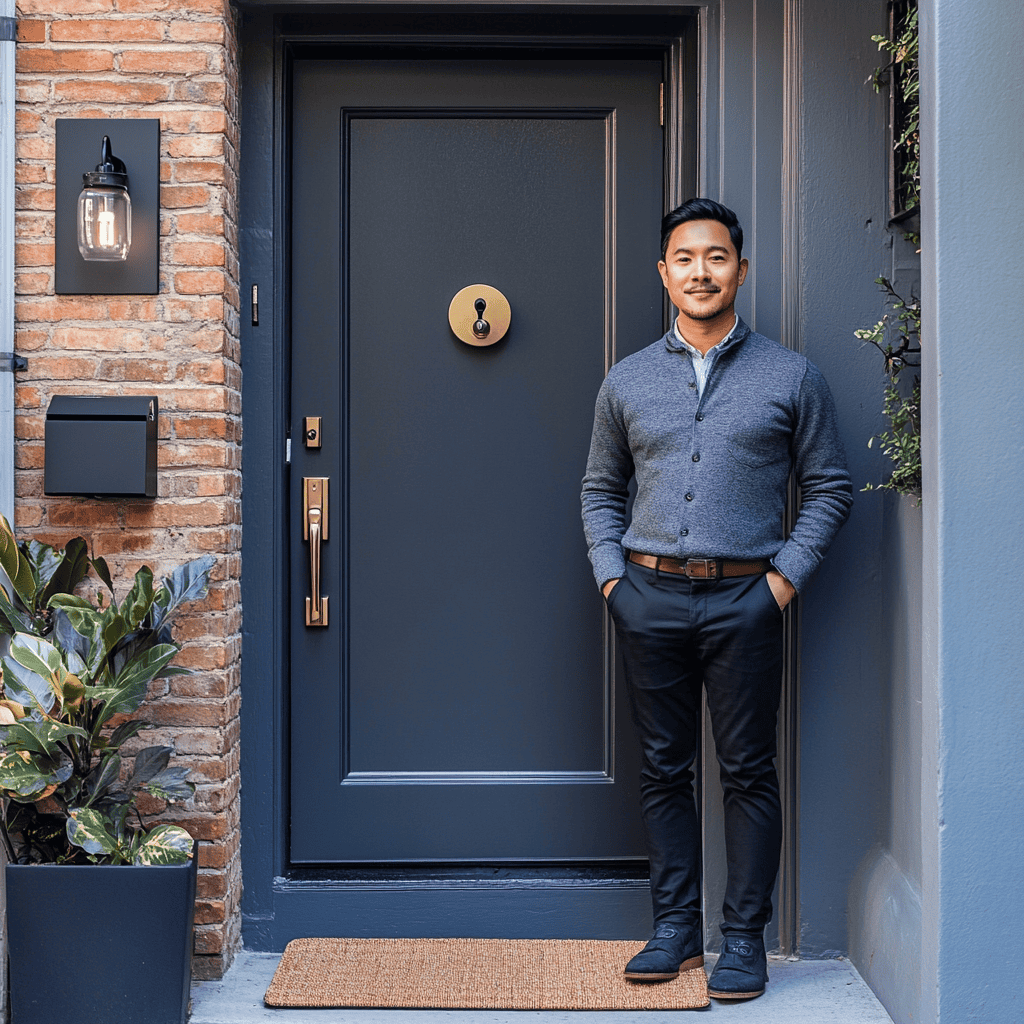 Airbnb host standing confidently at the front door of a stylish home, ready to welcome guests with a focus on security and preparedness.