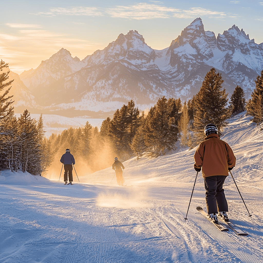 Visitors enjoying one of the 20 best things to do in Jackson Hole in 2025, with the Teton Mountains towering in the background, representing all four seasons of activities.