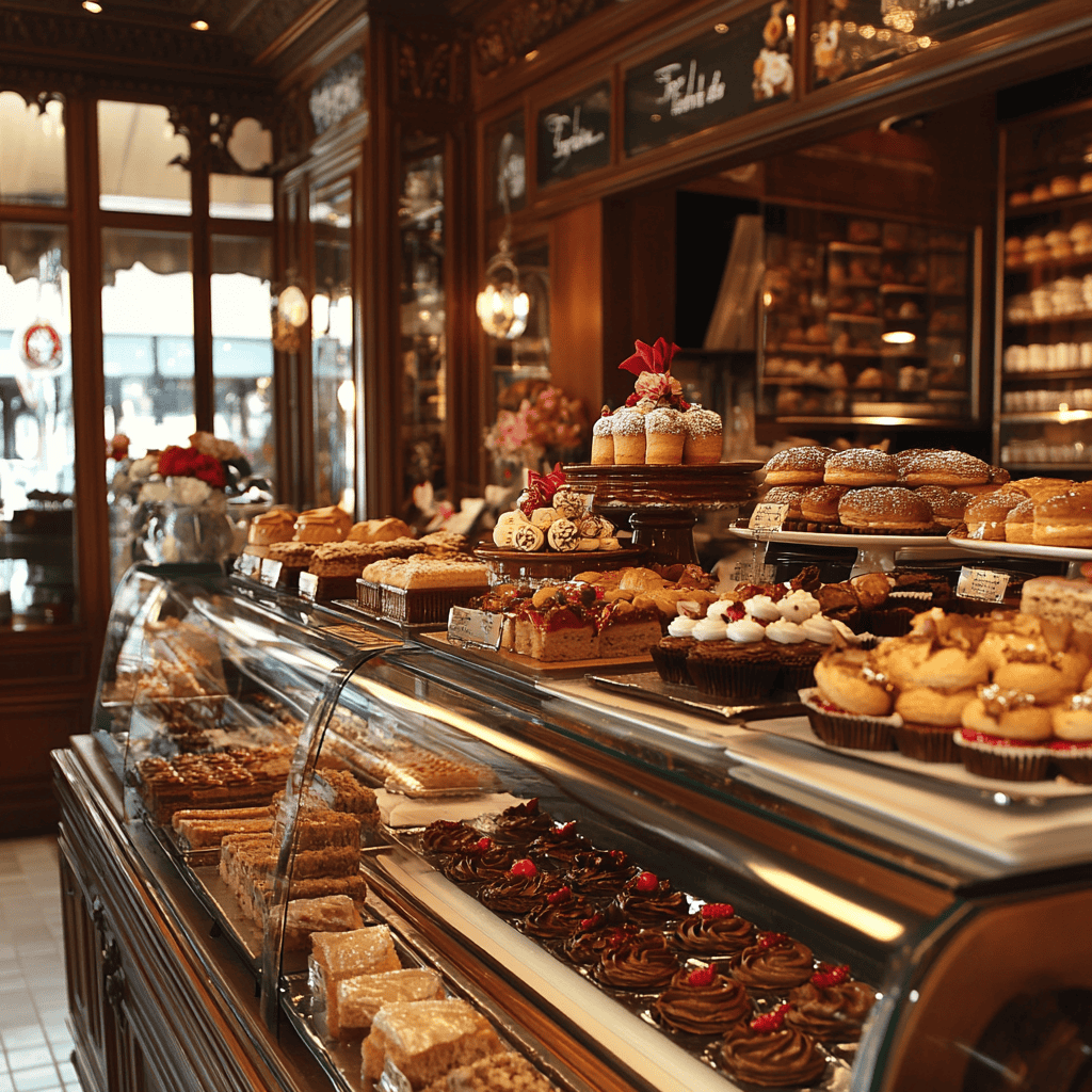 Charming interior of Jean Philippe Patisserie, displaying a variety of artisanal pastries and desserts