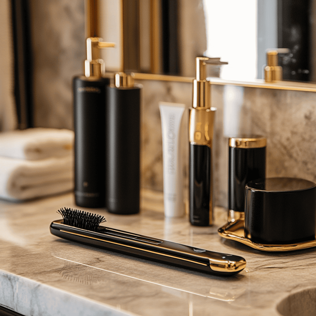 Compact travel-friendly hair styling tools, including a mini straightener and curling iron, placed on a bathroom countertop