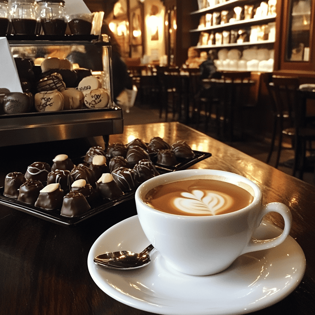 Cozy setting of The Chocolate Cafe in Lake Geneva, showcasing a variety of chocolates and specialty coffees.