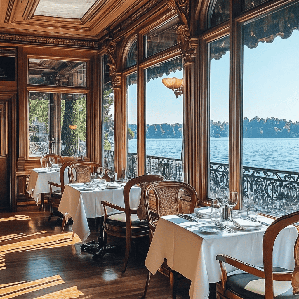 Elegant dining room at The Lake House Restaurant in Lake Geneva, featuring large windows with panoramic lake views.