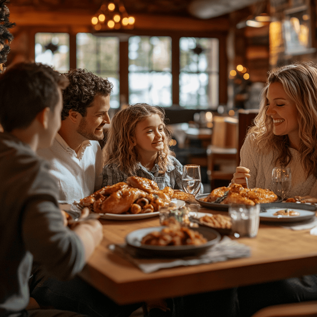 Family enjoying a meal at Rotisserie Village in Downtown Lake Geneva, with rotisserie chicken and cozy atmosphere