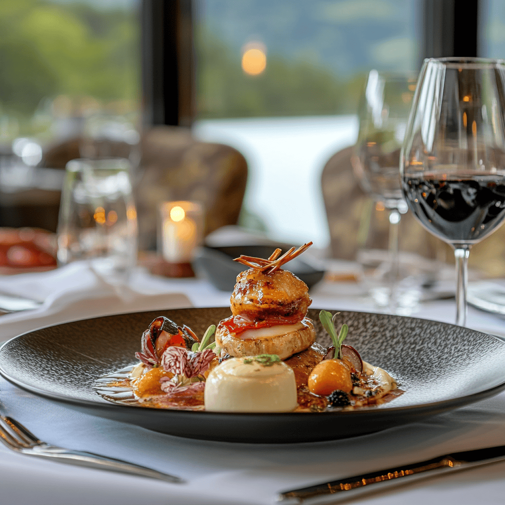 Gourmet dishes served at Inspiration restaurant in The Abbey Resort, with sophisticated decor and lake views