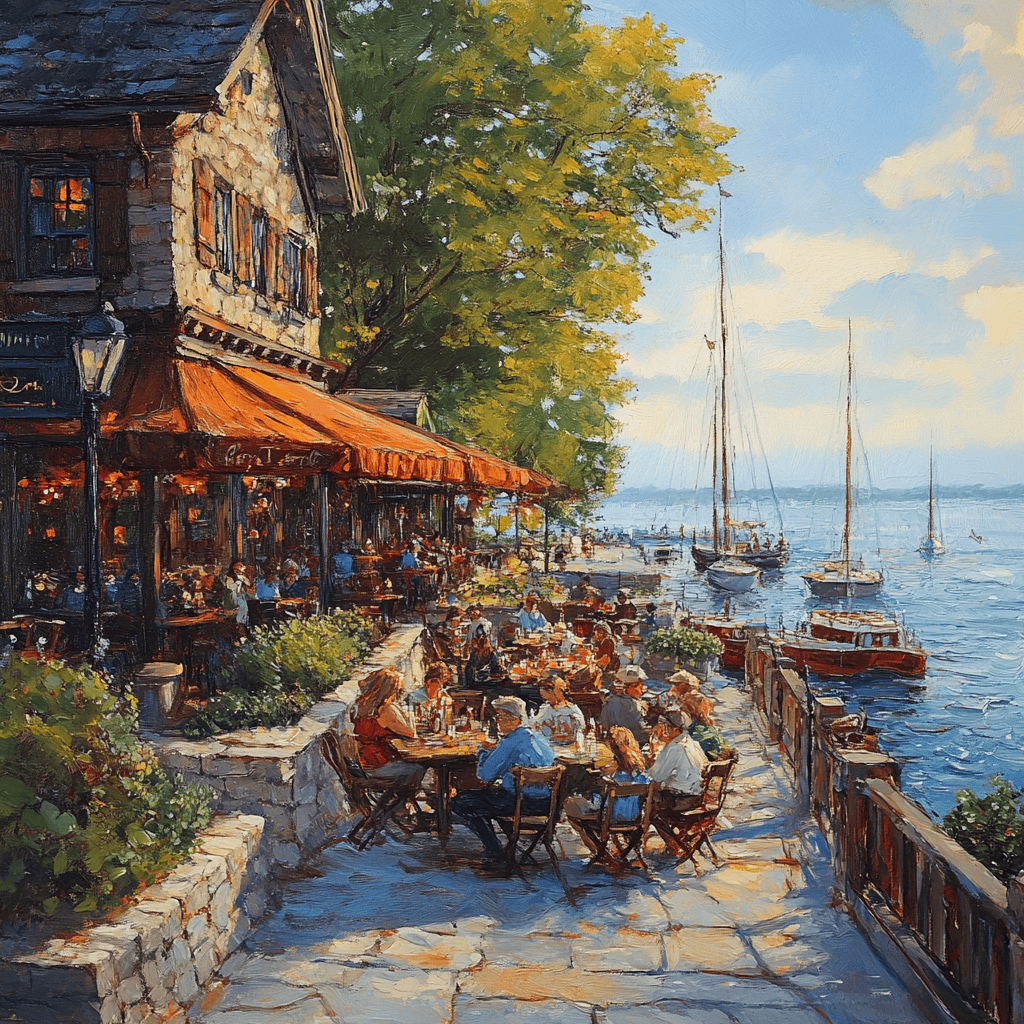 Lively Water Street Tavern in Lake Geneva, with patrons enjoying food and drinks along the waterfront.