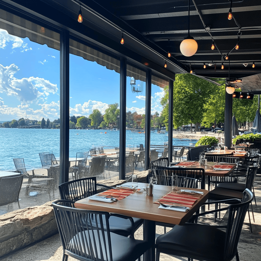 Stunning sunset view from Oscar’s Lakefront Grill in Lake Geneva, with diners enjoying their meals by the water.
--v
6.1
Family enjoying a meal together at Rotisserie Village in Lake Geneva, with kids-friendly menu items.
--v
6.1
Romantic dinner setup at The Lake House Restaurant with candlelight and lake views.
--v
6.1
Casual dining at Cravings Buffalo Wings & More in Downtown Lake Geneva, with buffalo wings and a relaxed atmosphere.
--v
6.1
Luxurious Afton Steakhouse in Grand Geneva Resort & Spa, featuring a premium steak on an elegant plate.