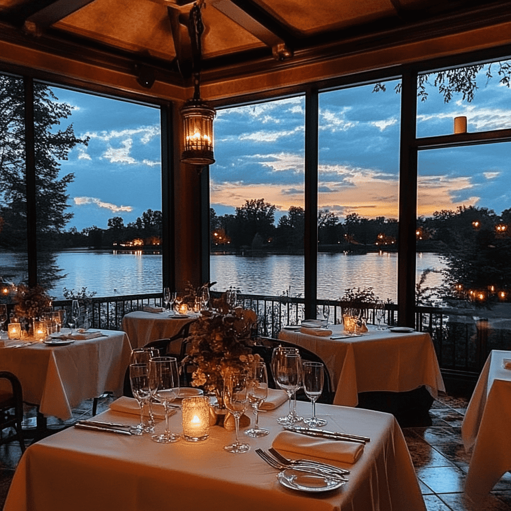 Romantic dinner setup at The Lake House Restaurant with candlelight and lake views.