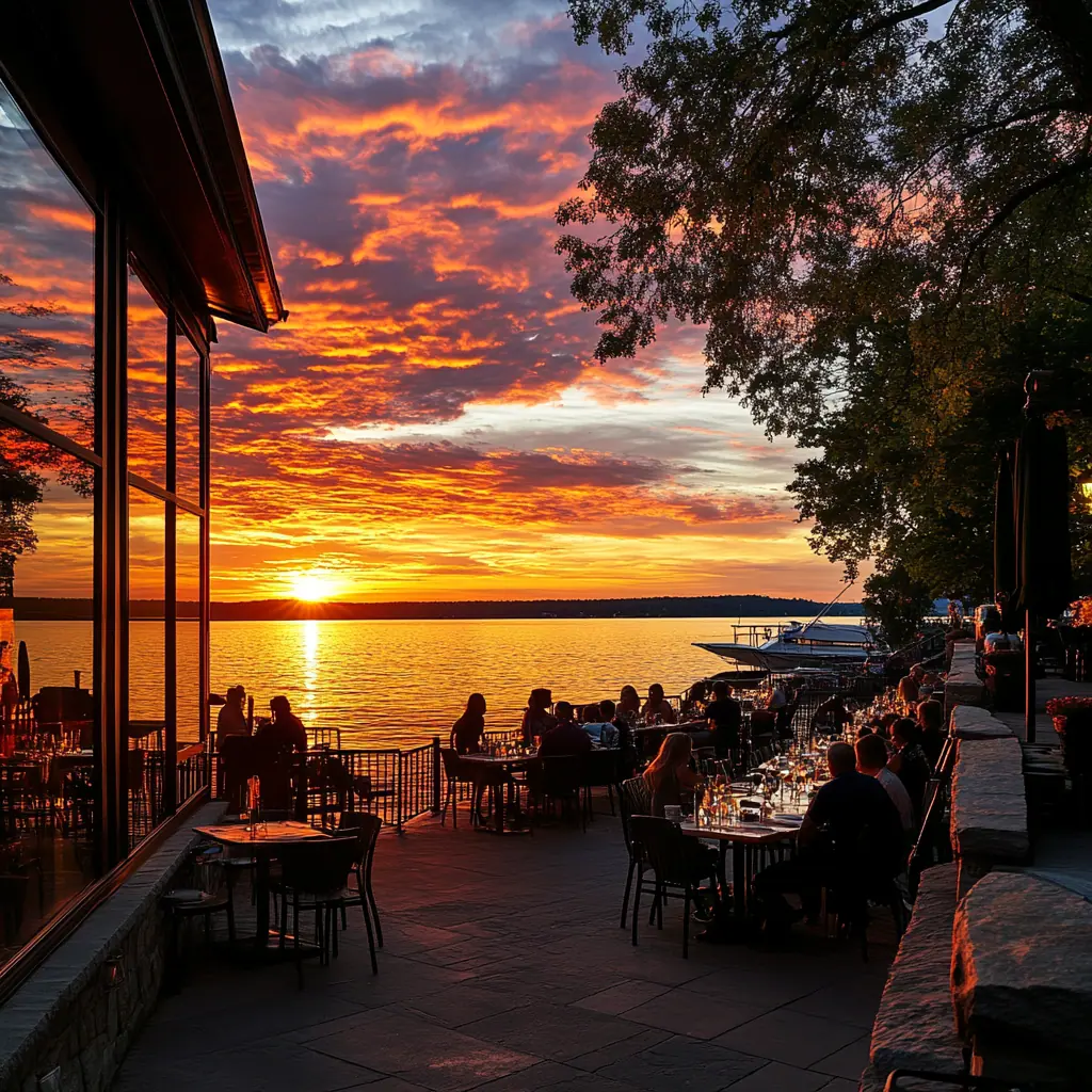 Stunning sunset view from Oscar’s Lakefront Grill in Lake Geneva, with diners enjoying their meals by the water. one of the best restarants in lake geneva