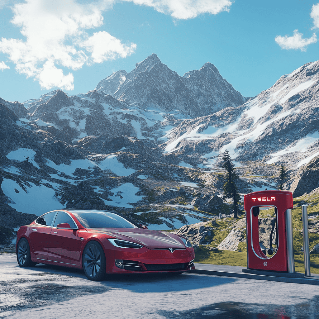 A Tesla Model S charging at a Supercharger station with scenic snow-capped mountains in the background, illustrating an electric vehicle road trip with the Tesla Trip Planner.
