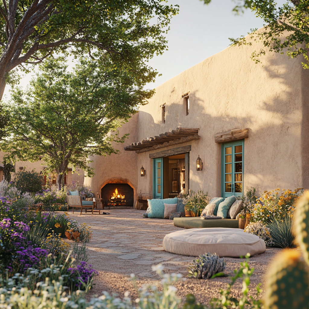 Best hotels in Santa Fe New Mexico showcasing a luxurious Southwestern-style hotel exterior at sunset.
