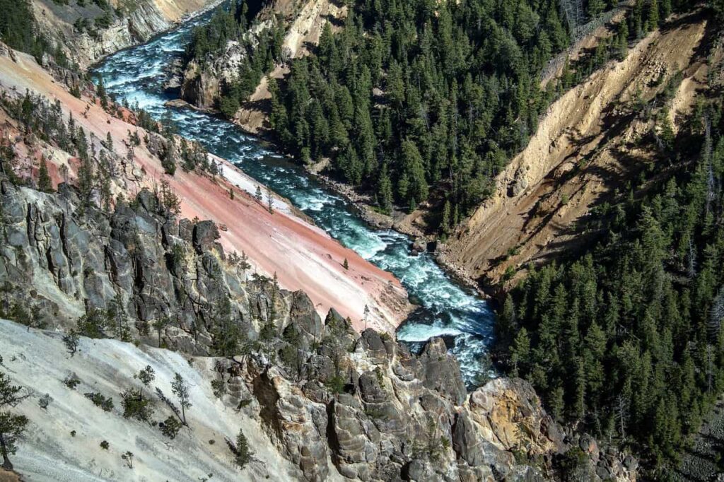 An aerial view of the Yellowstone River cutting through a deep canyon surrounded by rocky cliffs and dense forests, capturing the park’s rugged natural beauty.