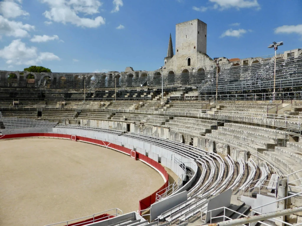 The ancient Roman amphitheater in Arles south of france, showcasing its impressive, well-preserved architecture.