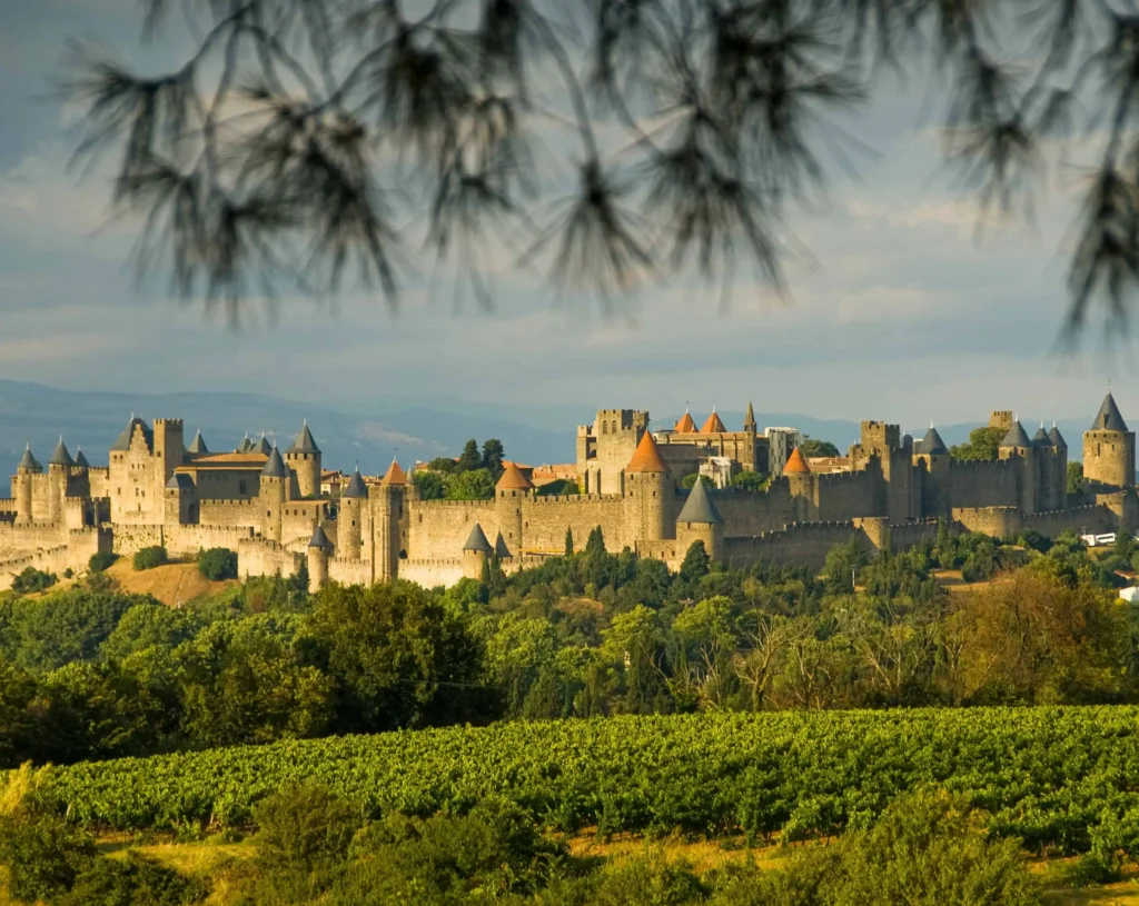 The fortified medieval city of Carcassonne surrounded by lush green vineyards under a dramatic cloudy sky.