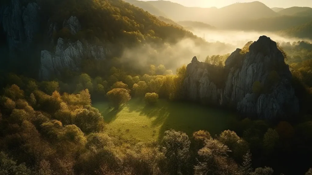 A breathtaking sunrise view of Seneca Rocks in West Virginia, with golden light streaming through misty forests and illuminating rugged rock formations.