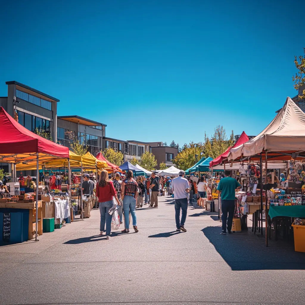 A bustling Fremont Sunday Market with colorful vendor stalls, diverse shoppers browsing unique products, and vibrant live entertainment under a clear blue sky, photorealistic
