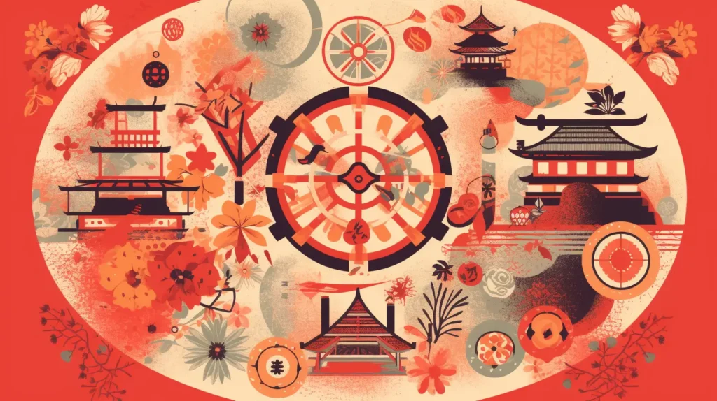 A vibrant wheel of Japanese symbols like cherry blossoms, Mount Fuji, and sushi.