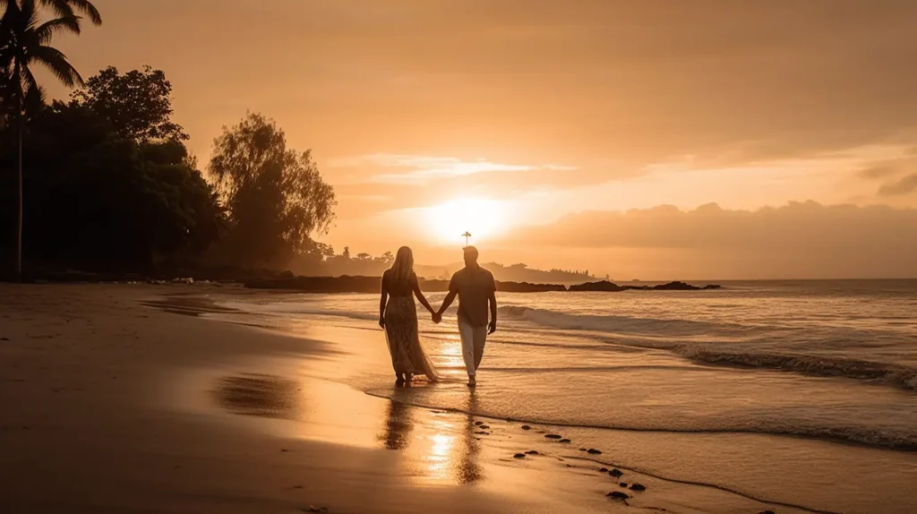 A couple walking on a serene beach at sunset with palm trees in the background.