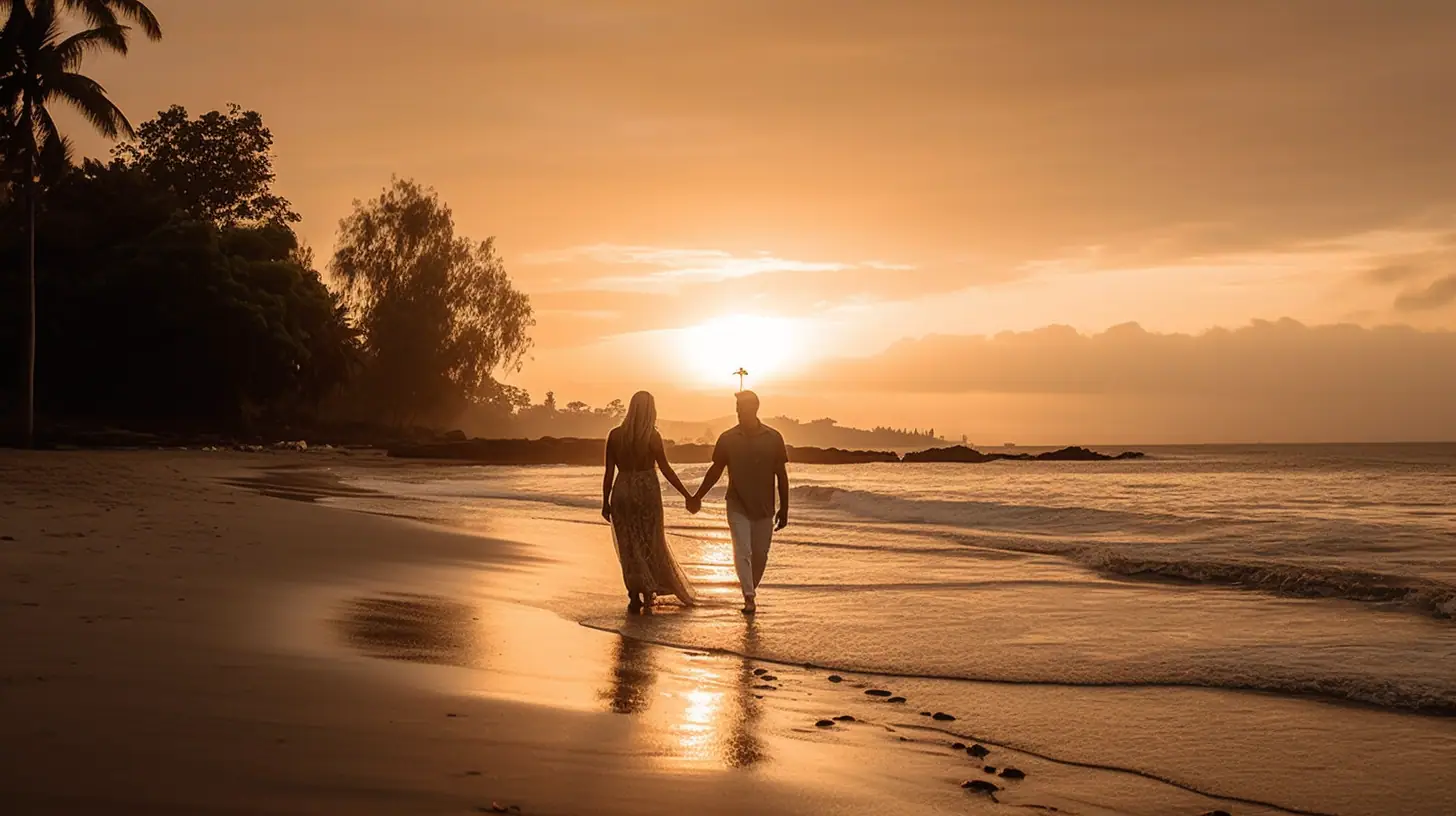 A couple walking on a serene beach at sunset with palm trees in the background.
