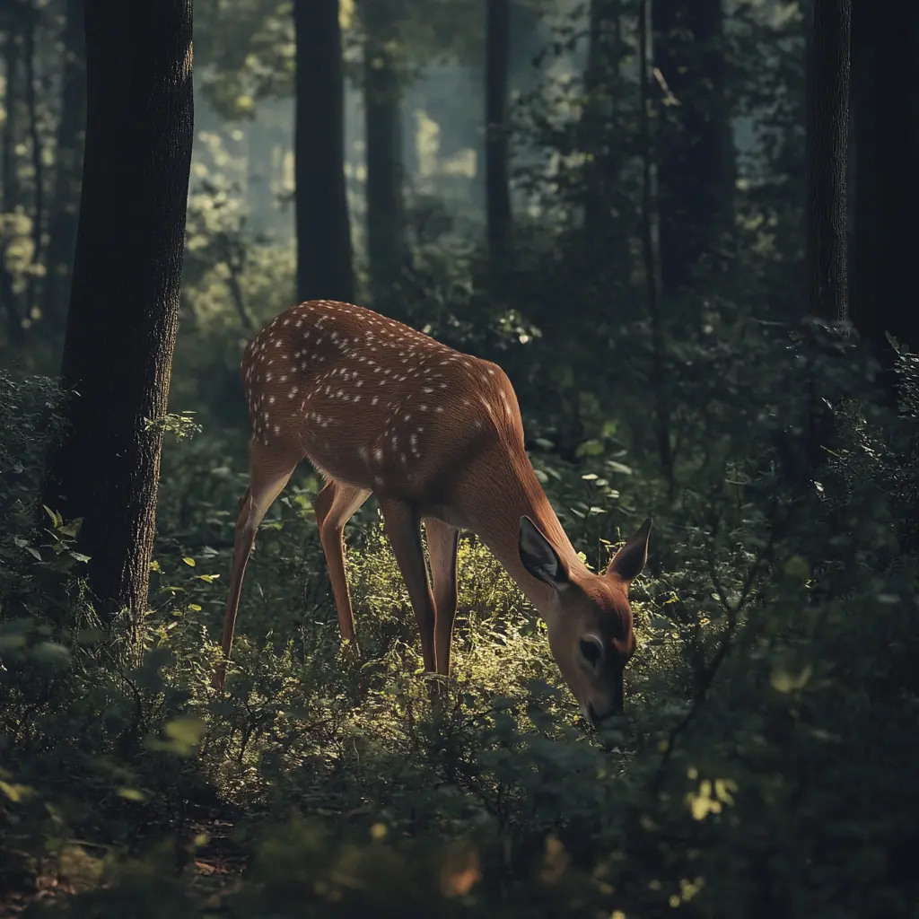 A deer grazing in the dense woods of the National Forest, natural lighting, detailed and lifelike.