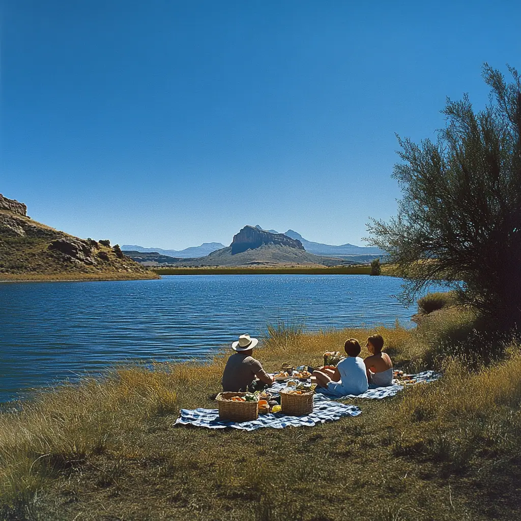 A family enjoying a picnic on the grassy shore of Patagonia Lake, Arizona, with picnic blankets and food baskets, clear blue sky, photorealistic.