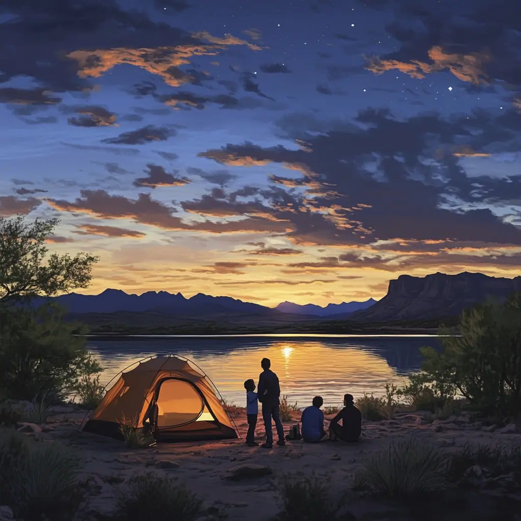 A family setting up their tent at Patagonia Lake State Park, with the lake and desert scenery in the background, twilight, photorealistic