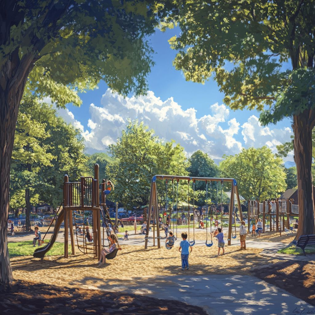 A joyful family enjoying the playground at Sherwood Island State Park, with children playing on swings and slides, sunny day, photorealistic.